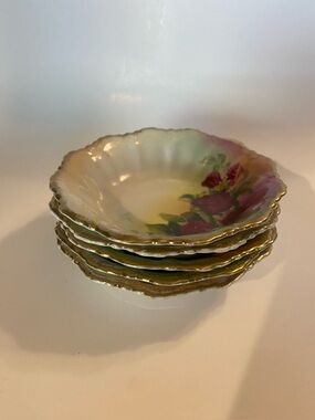 Antique Schwarzburg Germany Porcelain Berry Bowls Set of 5 Red Rose Gold Gilt 5”